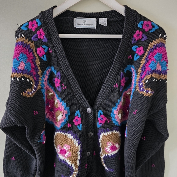 Maggie Lawrence L 90s Cottagecore Eclectic Boho Paisley Intarsia Knit Cardigan - Picture 3 of 15